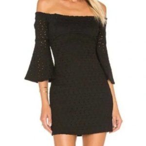 Free People Sophia Black Eyelet Lace Off Shoulder Bell Sleeve Boho Mini Dress